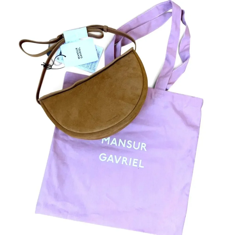 NWT Mansur Gavriel Moon Crossbody Sling Bag Caramel Suede Leather Crescent